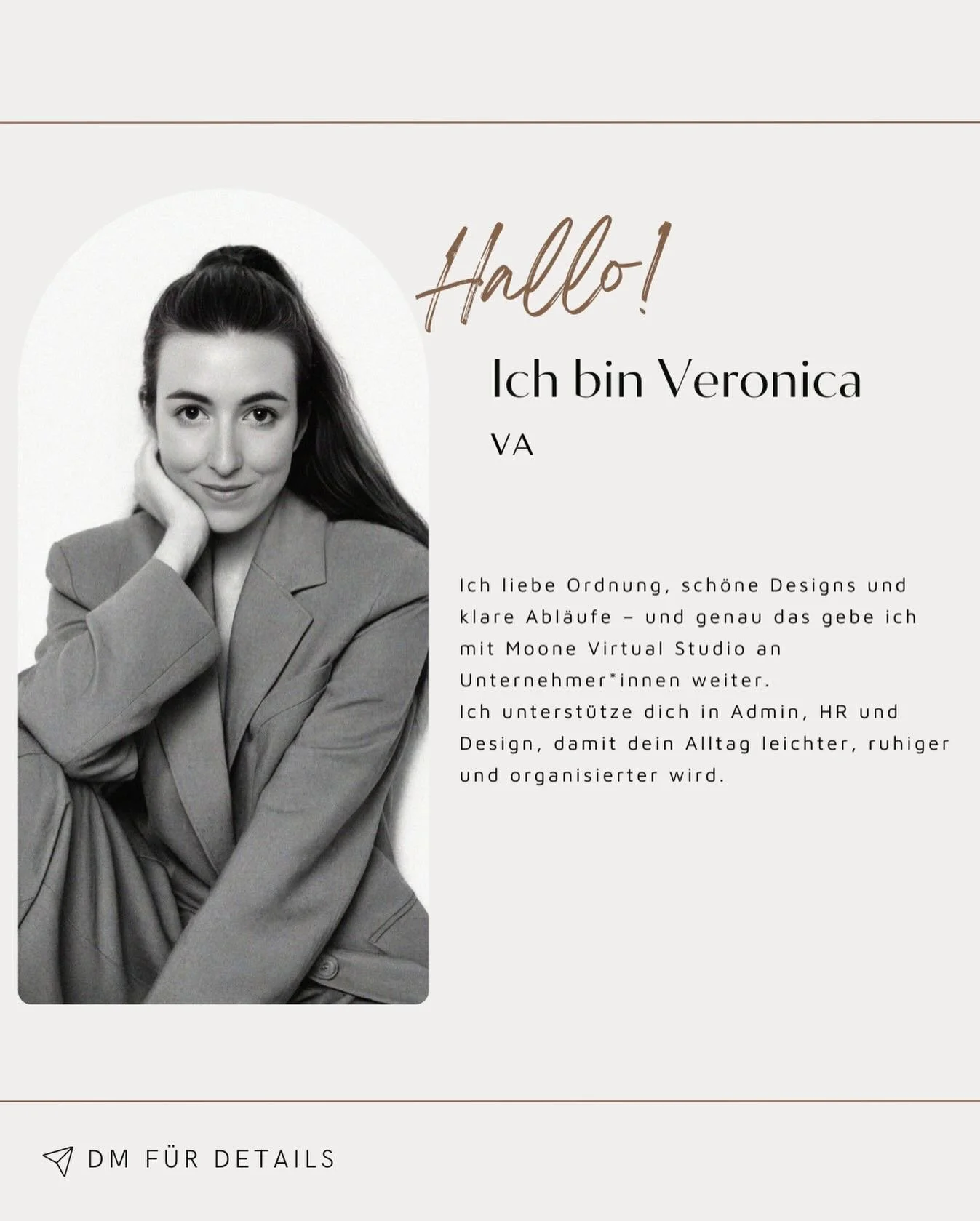 Hallo, ich bin Vera &ndash; Gr&uuml;nderin von Moone Virtual Studio. ✨

Seit vielen Jahren arbeite ich im administrativen Bereich und habe in dieser Zeit ein tiefes Verst&auml;ndnis f&uuml;r strukturierte Abl&auml;ufe, verantwortungsvolle Arbeit und 