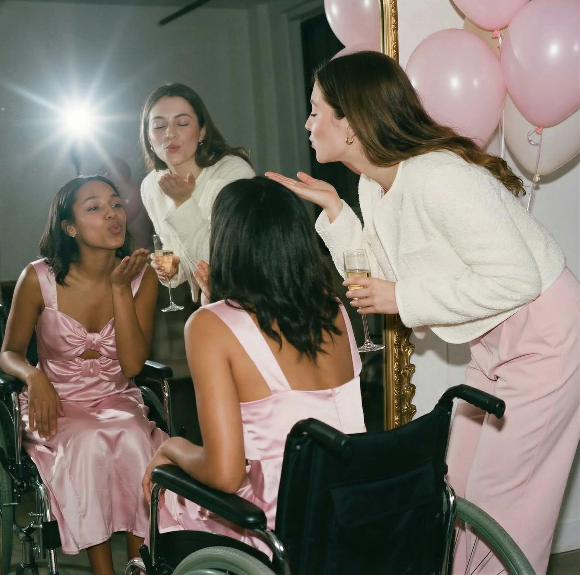Two young women blowing kisses at a mirror with light pink balloons in the background. Left: Black woman with dark brown hair in pink satin bow dress. Right: White woman with brown hair in cream tweed jacket and pink dress pants.