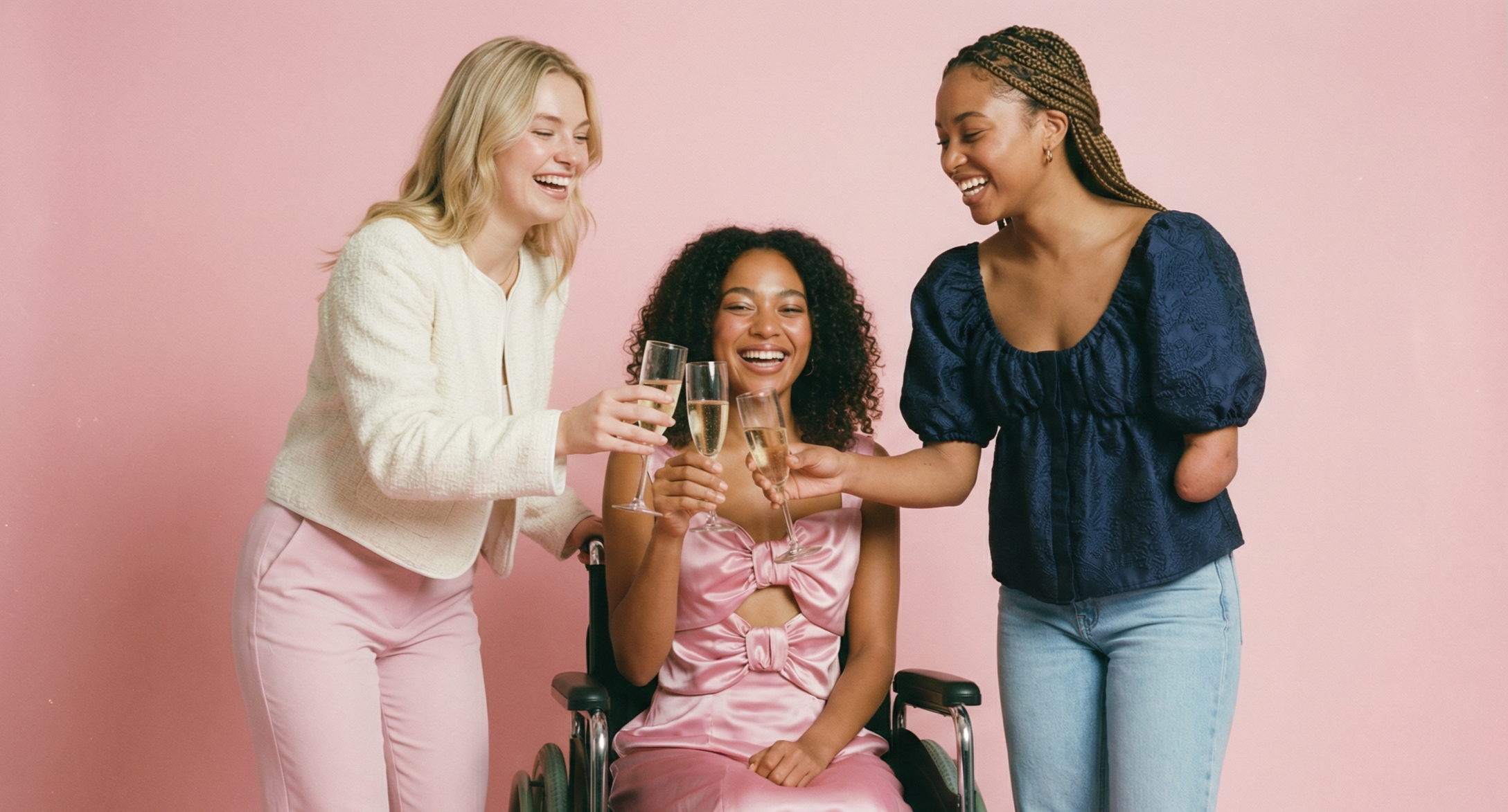 Three young women toasting champagne glasses and smiling. Left: blonde woman in cream tweed jacket and pink pants. Center: woman using wheelchair in pink satin bow dress. Right: woman with limb difference in navy floral blouse and jeans.