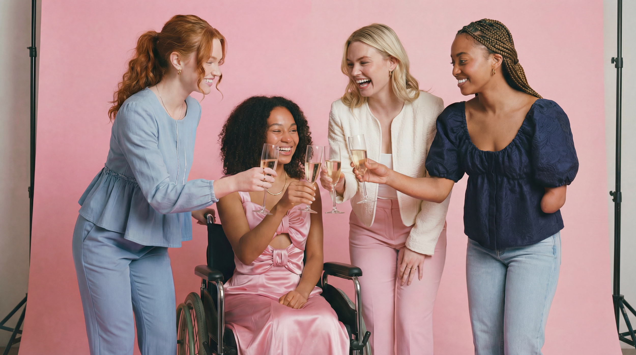 Four young women toasting with sparkling apple cider. Left to right: woman with port catheter in light blue matching set, woman using wheelchair in pink satin bow dress, woman in cream tweed jacket and pink pants, woman with limb difference in navy f