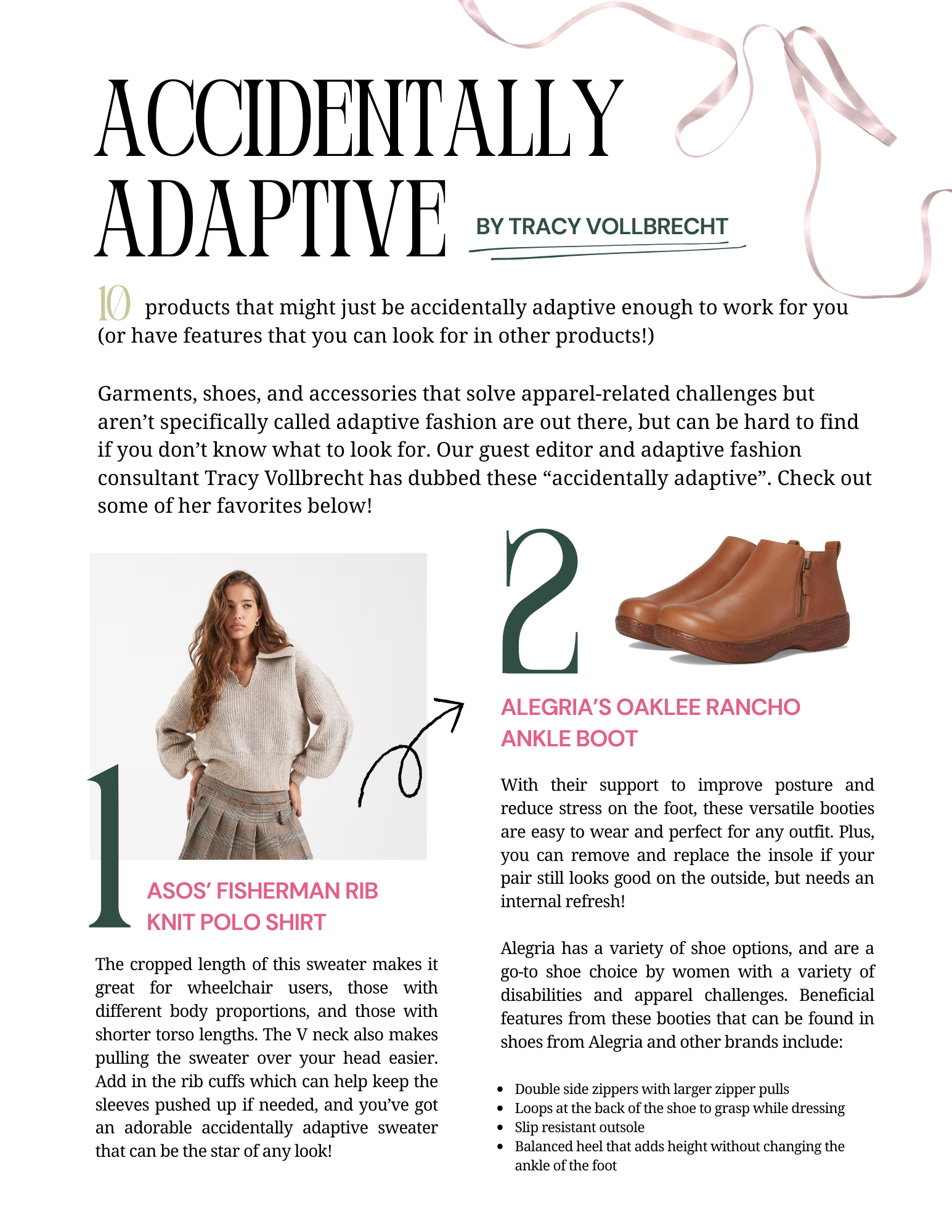Page from a magazine or catalog featuring fashion products with the title "Accidentally Adaptive" by Tracy Vollbrecht. It shows a woman wearing a beige rib-knit polo shirt and a plaid skirt, with images of a pair of tan ankle boots labeled "Alegria's