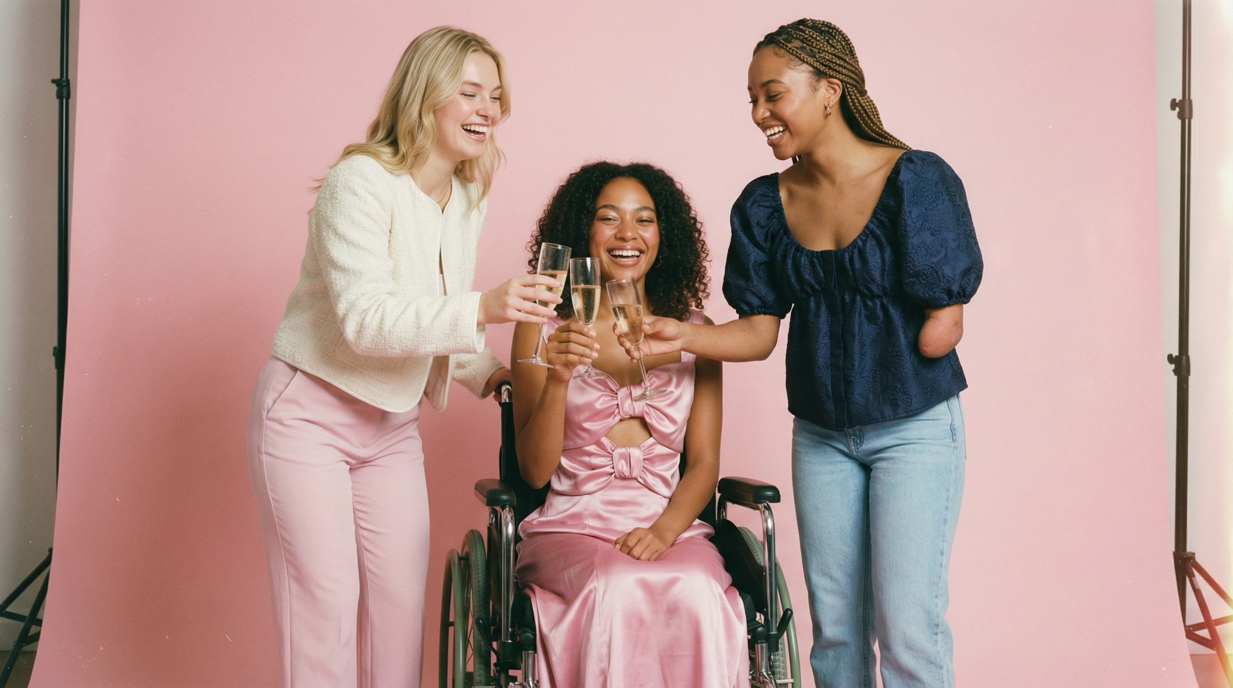 Three young women toasting champagne glasses and smiling. Left: blonde woman in cream tweed jacket and pink pants. Center: woman using wheelchair in pink satin bow dress. Right: woman with limb difference in navy floral blouse and jeans.