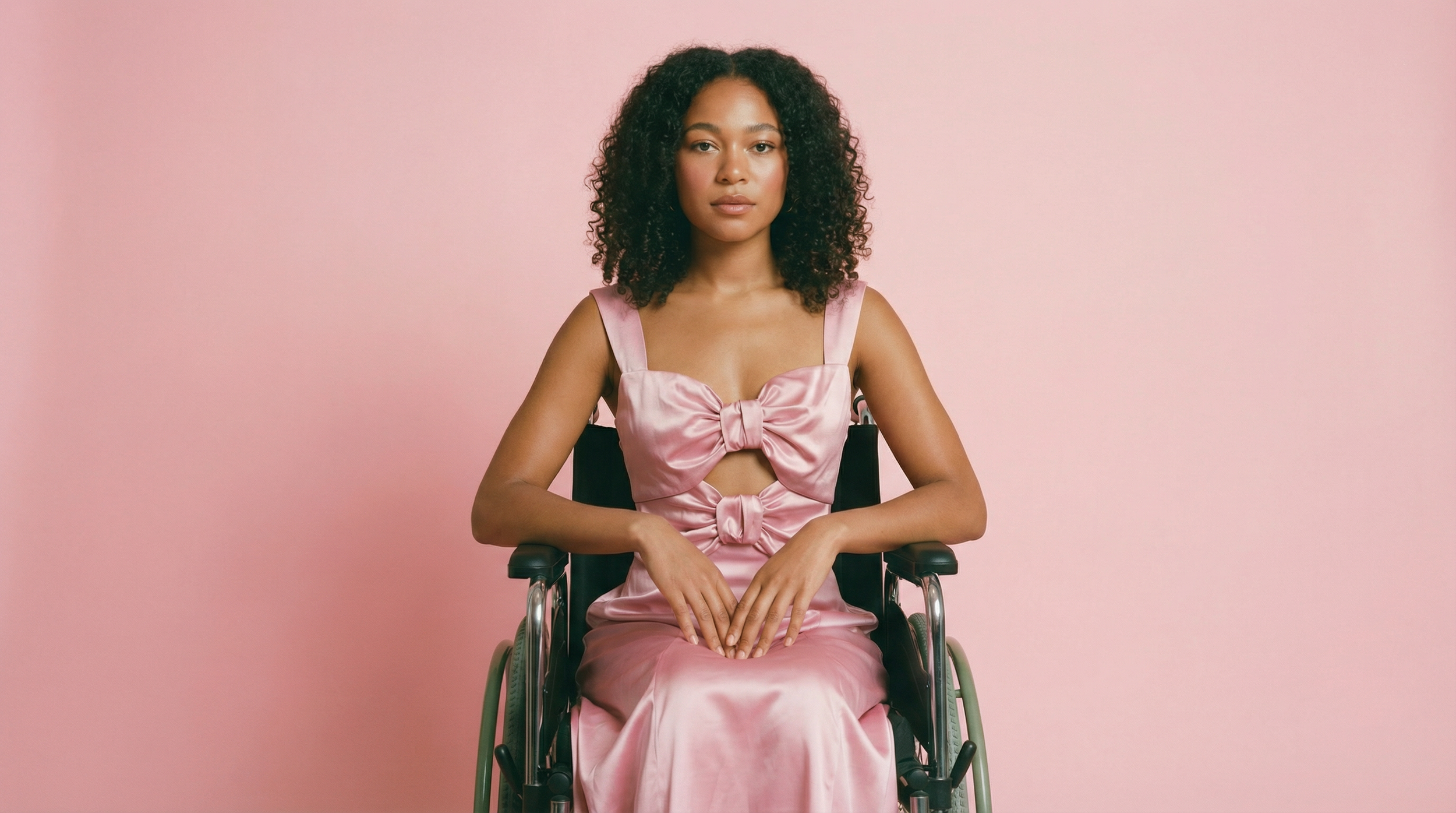 Woman using wheelchair in pink satin bow dress, arms resting on lap, looking seriously at camera in editorial style pose.