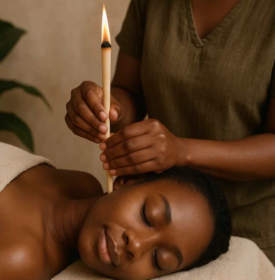 A woman receiving a Reiki or healing treatment with a lit candle placed on her back in a calming, warm environment.