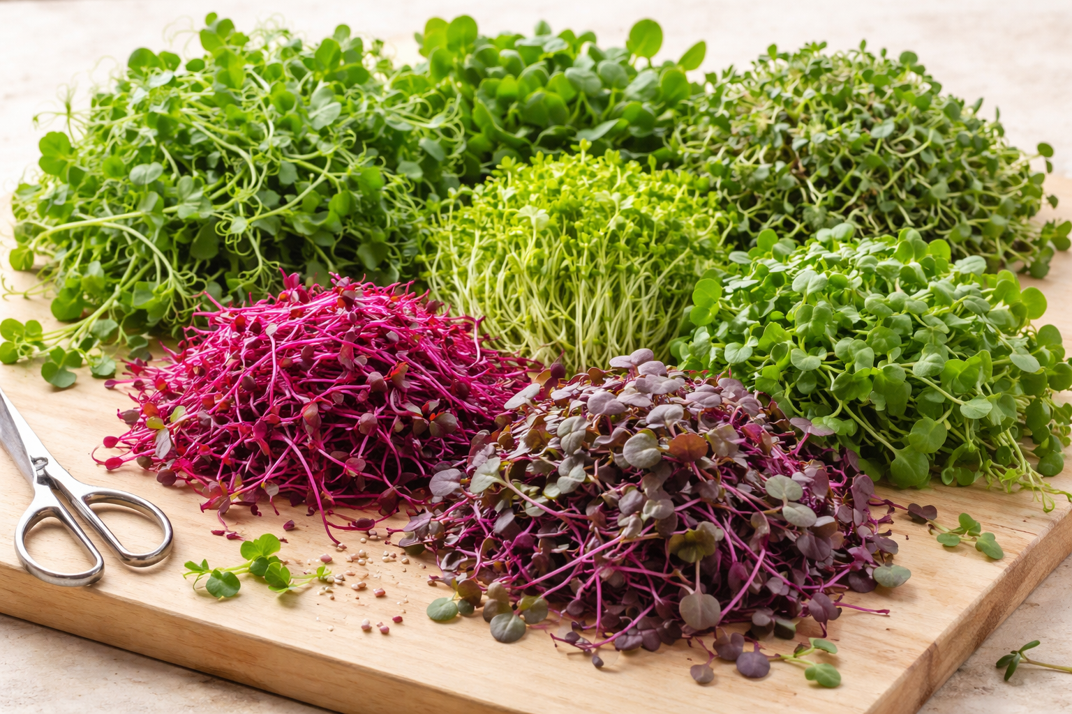 Various types of microgreens on a wooden cutting board with scissors, including red and green sprouts.