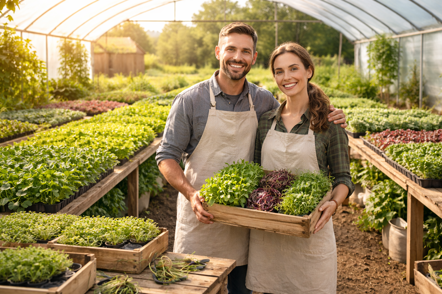 A smiling man and woman in aprons standing in a greenhouse, holding a wooden tray of fresh herbs and vegetables, surrounded by rows of plants and greenery.
