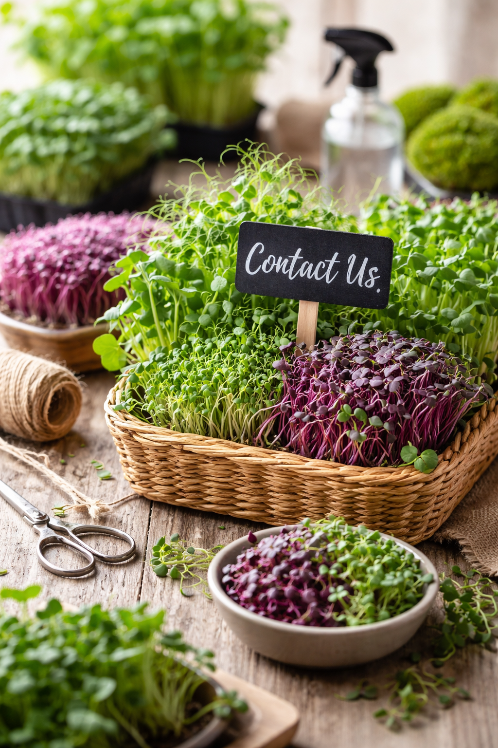A wicker basket filled with green microgreens and purple microgreens, with a small chalkboard sign that says "Contact Us." Surrounding the basket are scissors, twine, and small bowls of microgreens, with various potted plants and a spray bottle in the background.