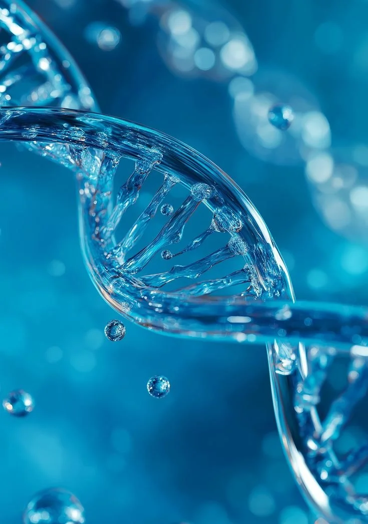 Close-up of a transparent double helix DNA strand in a blue background with floating bubbles.