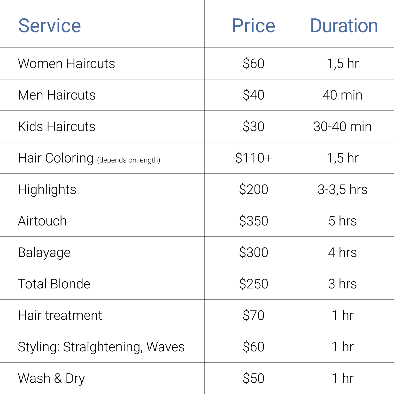 A printed price list with columns for service, price, and duration, featuring various text entries for different services and costs.
