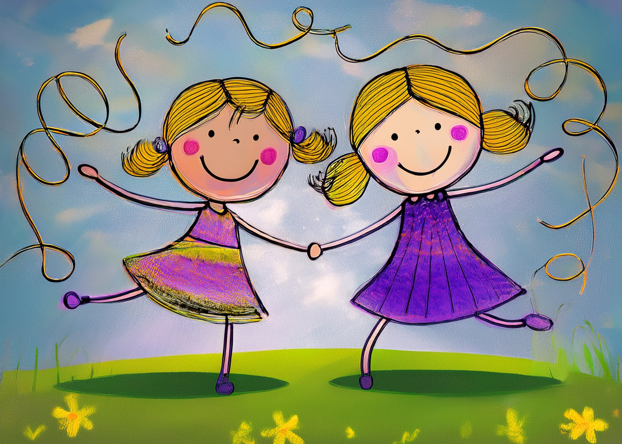 Two cheerful girls in colorful dresses holding hands and jumping on a grassy field with small flowers, under a partly cloudy sky.
