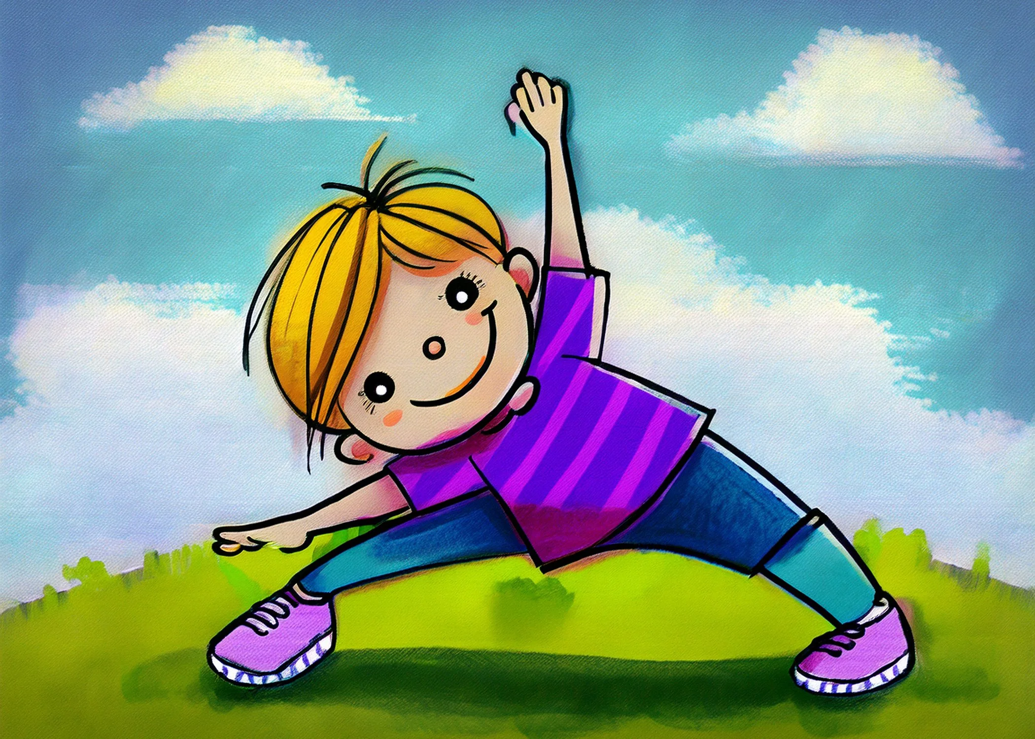A cartoon girl with short blonde hair and a purple striped t-shirt doing a side stretch outdoors against a blue sky with fluffy clouds.