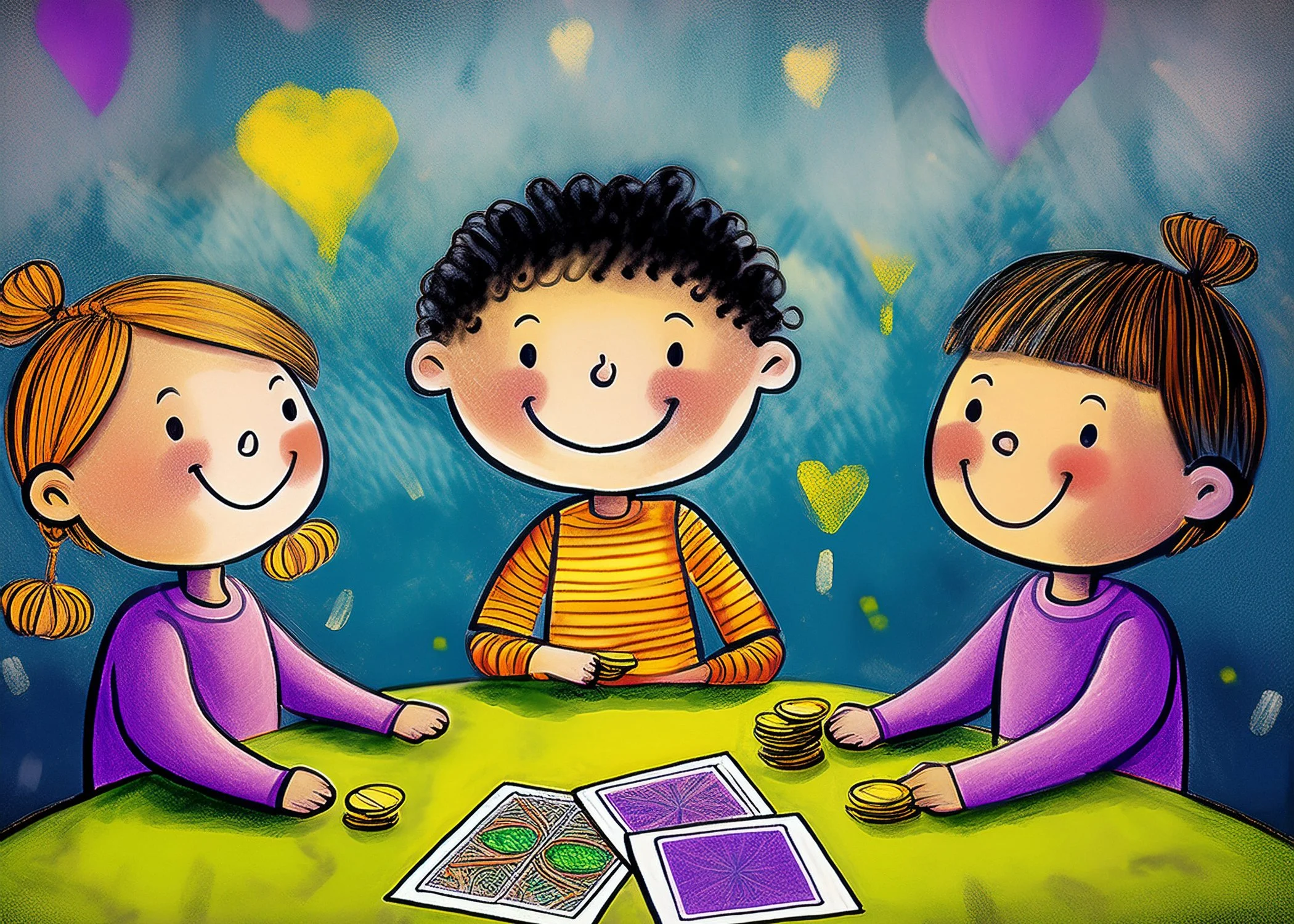 Three children playing a card game around a yellow table, with cards and coins, smiling and enjoying their time. Background has multicolored hearts and a blue sky.