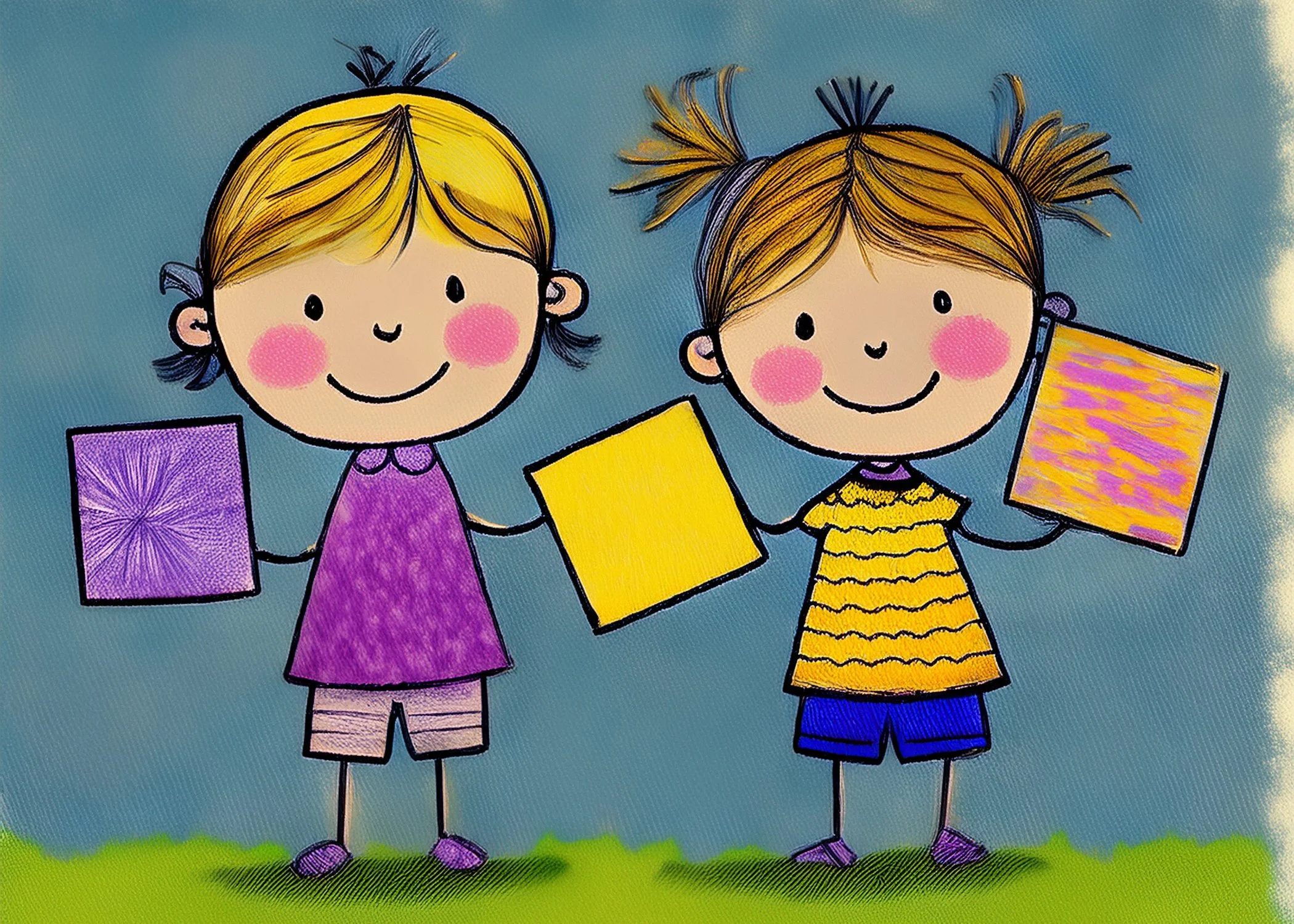Two kids, a boy and a girl, holding colorful drawings, standing on grass with a blue sky background.