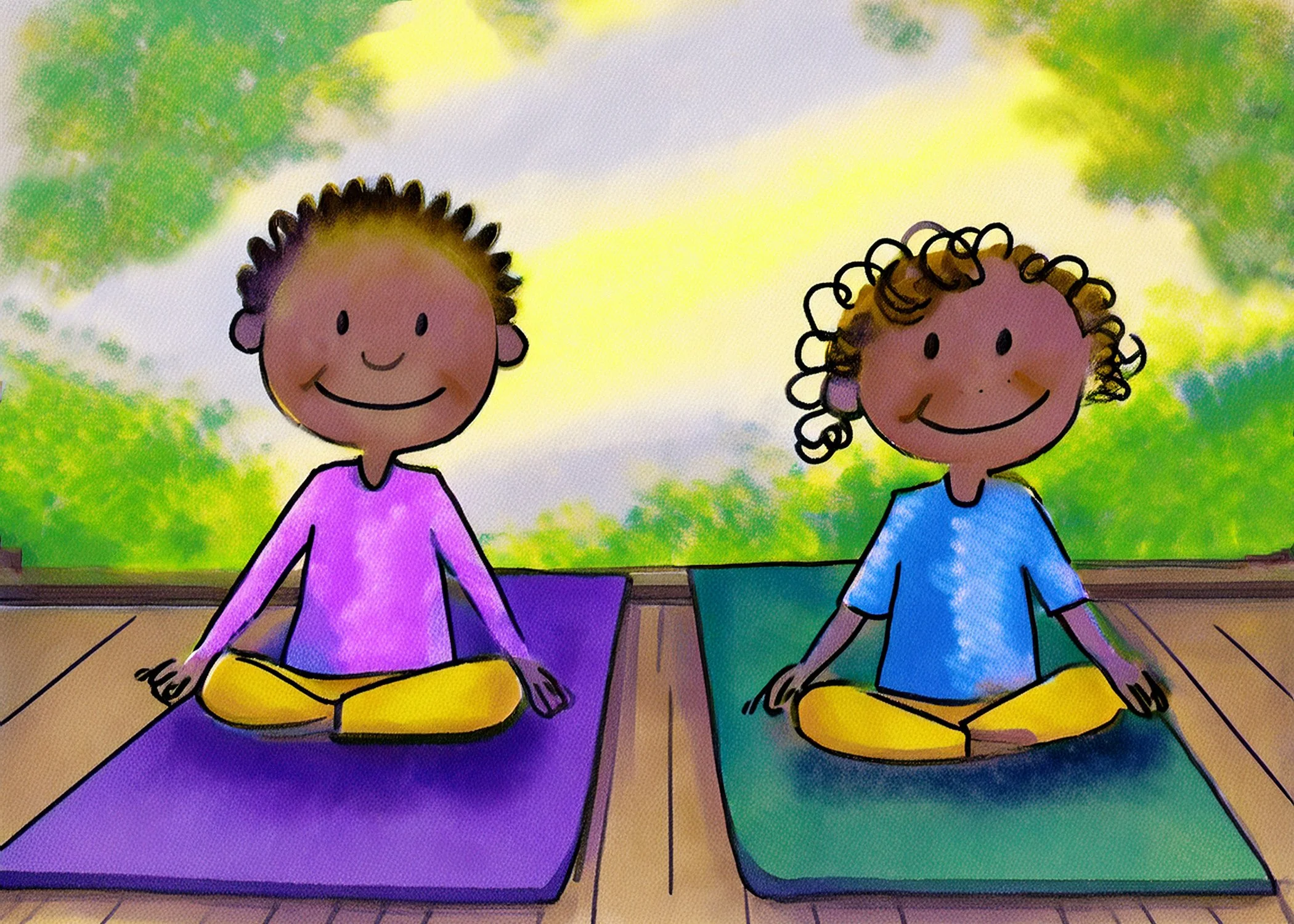 Two children sitting in a cross-legged yoga pose on purple and green mats outdoors, with trees and a bright sky in the background.