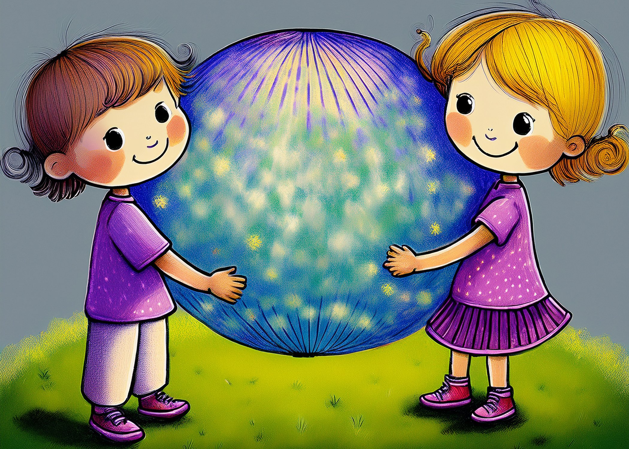 Two cartoon children holding a glowing, spherical object emitting light and sparkles. The boy has short brown hair, wears a purple shirt and beige pants. The girl has blonde hair in pigtails, wears a purple dress with a striped skirt. They are standing on green grass against a gray background.