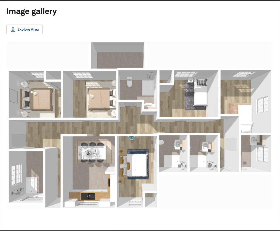 A 3D floor plan of a house showing multiple bedrooms, bathrooms, a living room, dining area, and kitchen with wood and tile flooring.