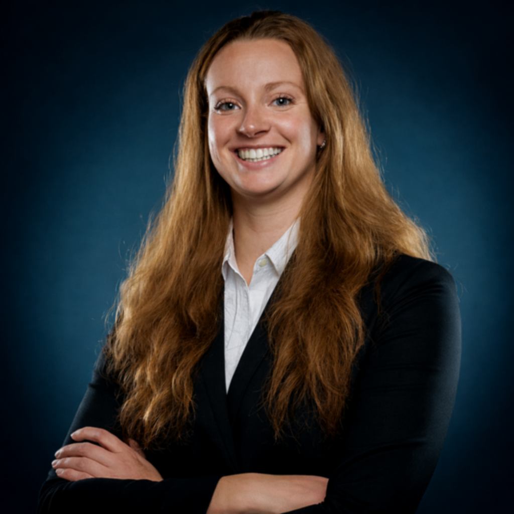 A smiling woman with long red hair wearing a black blazer and white shirt, standing with crossed arms against a dark blue background.