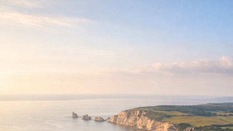 Scenic view of a coastline with cliffs, grassy fields, a calm sea, and a sky with clouds and sunlight.