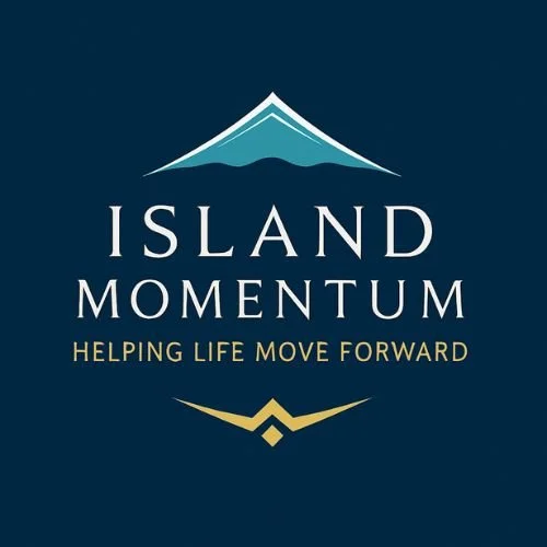 Logo for Island Momentum with an illustration of a mountain, text stating 'Helping Life Move Forward' and a stylized gold chevron symbol.
