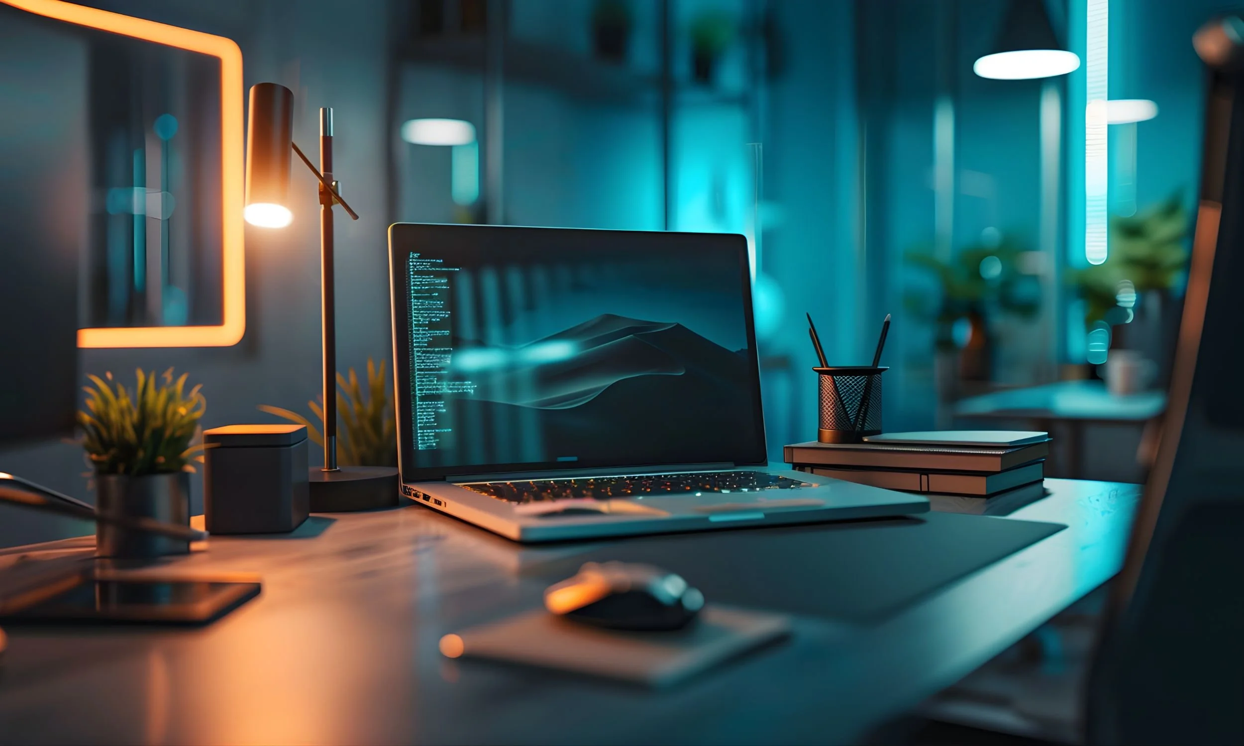 Modern minimalist workspace with laptop displaying code for enterprise-level remote IT support.