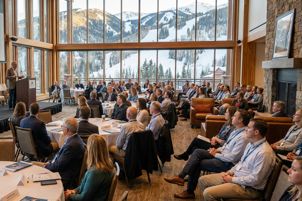 A large indoor conference room with floor-to-ceiling windows showing snow-covered mountains outside. People are seated at round and rectangular tables, attentively listening to a speaker at a podium near the front of the room.