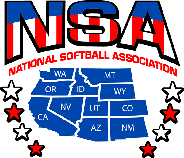 Logo of the National Softball Association featuring a map of Western United States states with abbreviations, surrounded by stars, and text indicating the association and region.