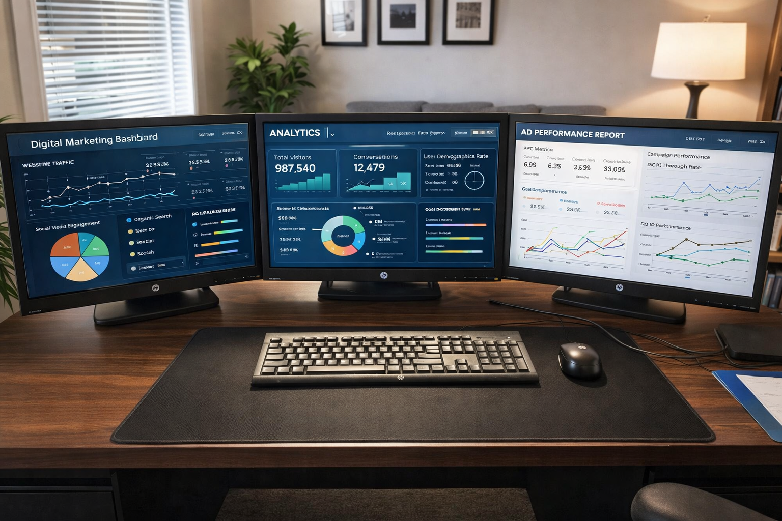 Triple computer monitor setup displaying digital marketing analytics, including graphs, charts, and metrics on a wooden desk with keyboard and mouse in a home office.
