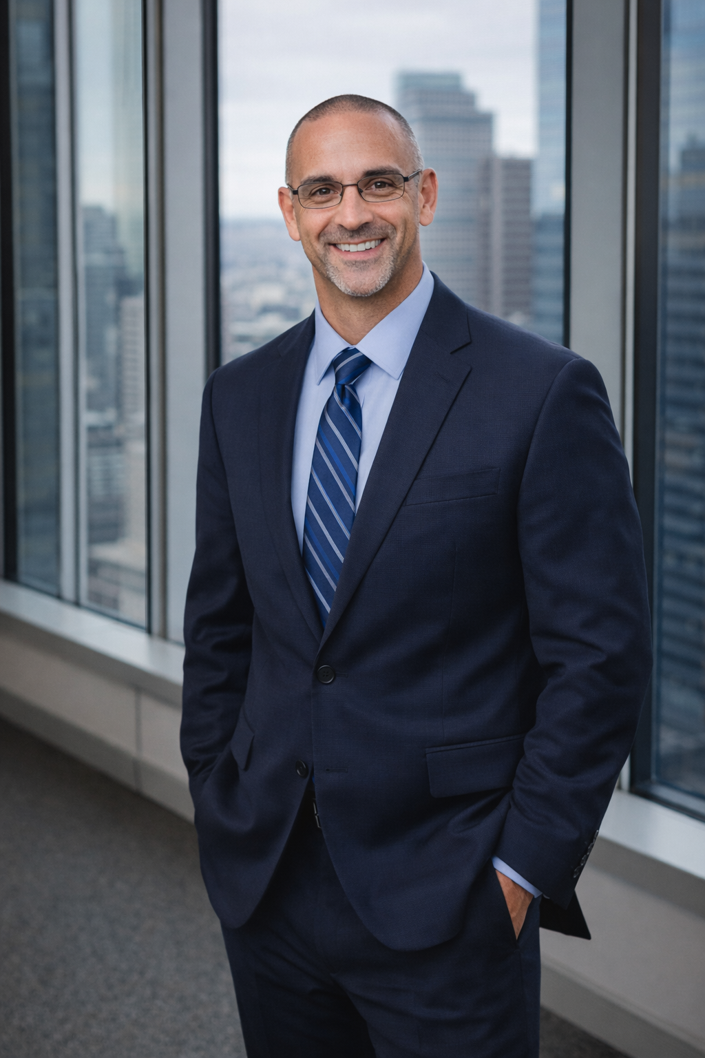 A smiling man in a navy suit, light blue shirt, and striped tie standing in front of large windows overlooking a city skyline.