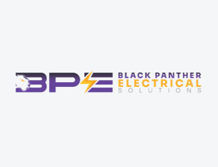 Logo of Black Panther Electrical Solutions with purple and gold text and a panther head silhouette.