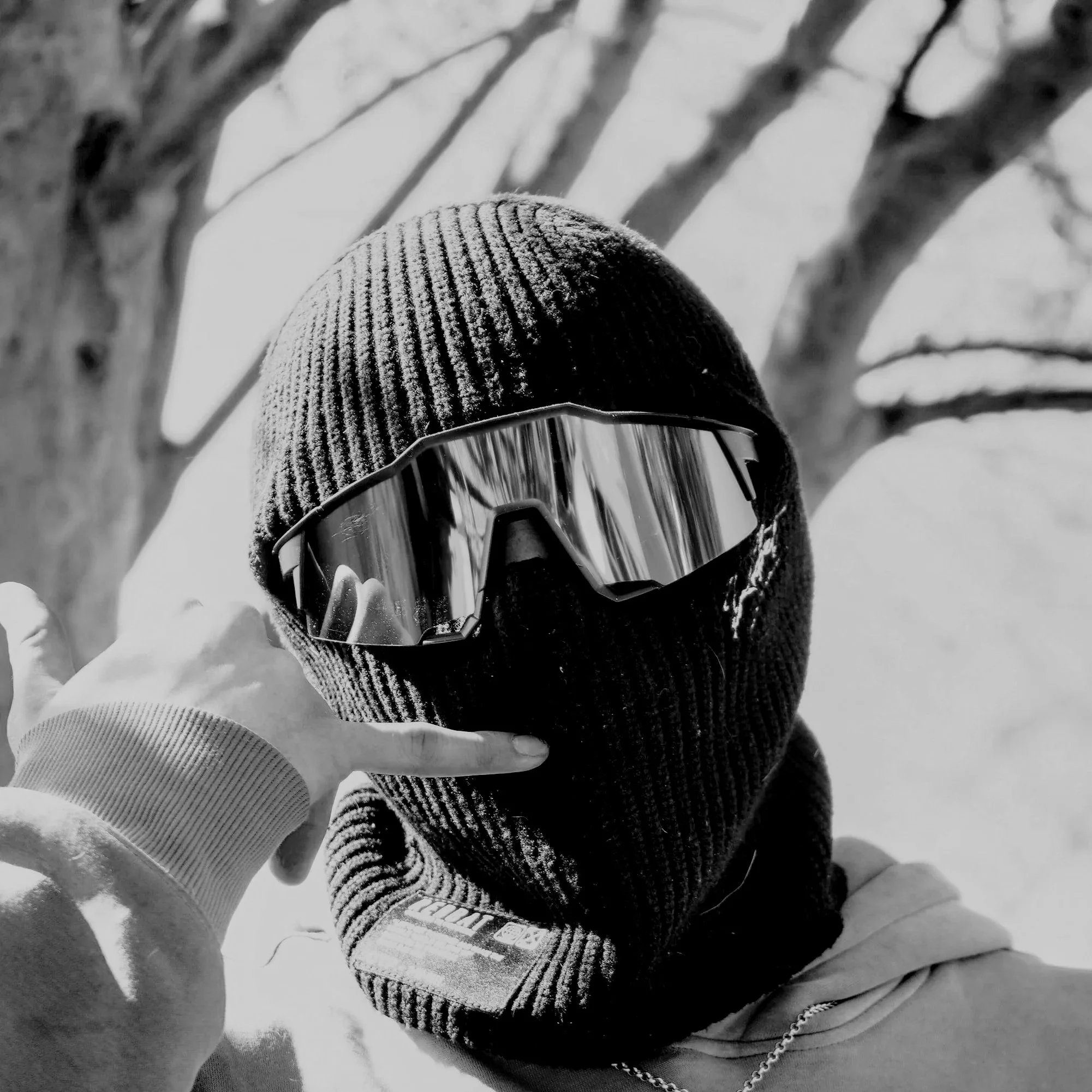 Person wearing a knit beanie, ski goggles, and a hoodie in a snowy outdoor setting.