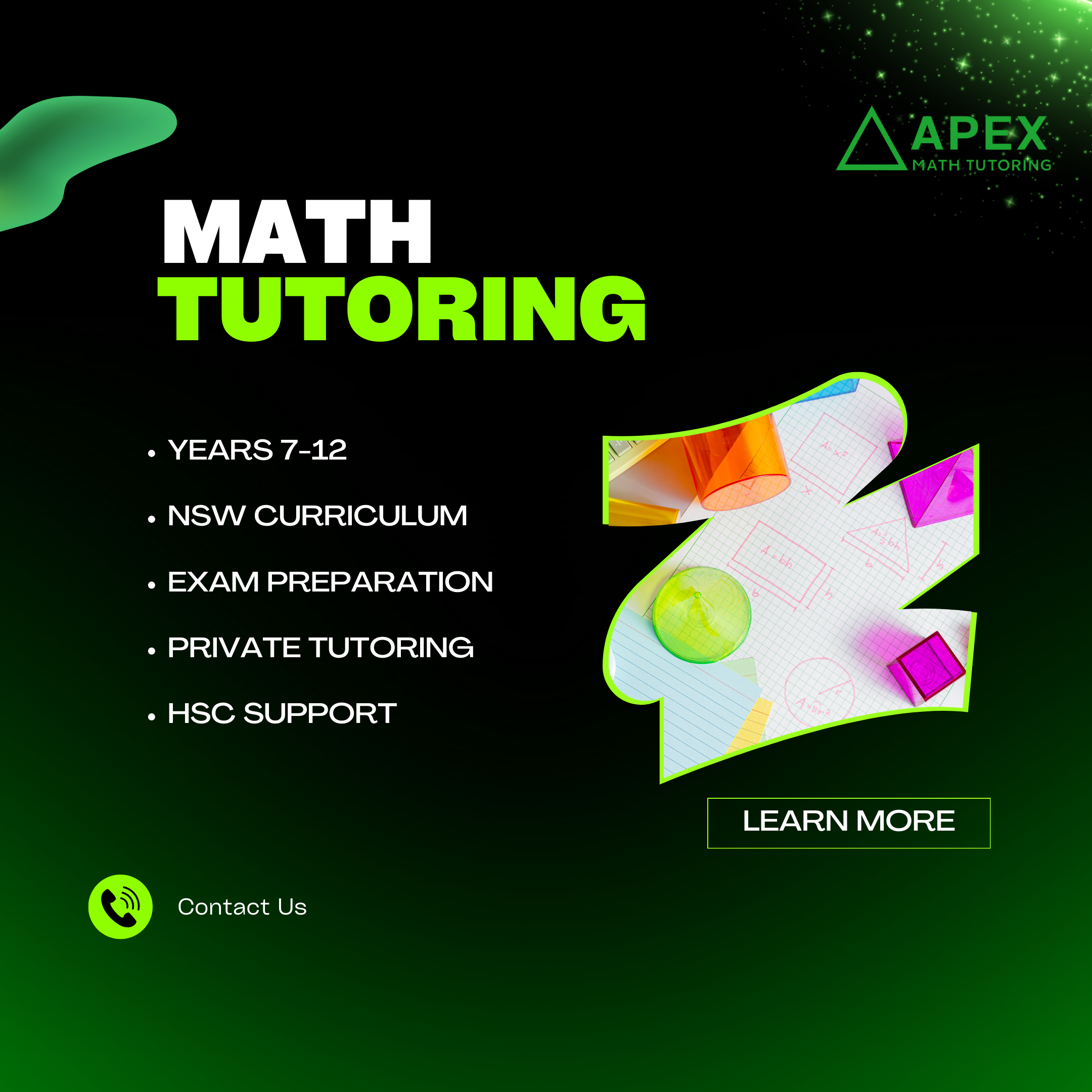Colorful math tutoring advertisement for students ages 7-12, featuring organizational details and a geometric paper craft, with a call-to-action button and contact information.