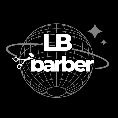 Logo for LB Barber featuring a globe with a pair of hair-cutting scissors cutting an orbit around it, and stars in the background