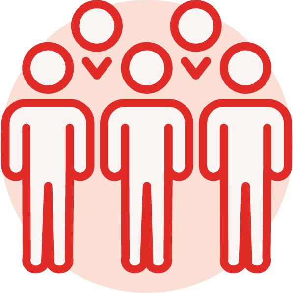 Four stylized human figures with head icons and check marks above their heads, representing team or group consensus.