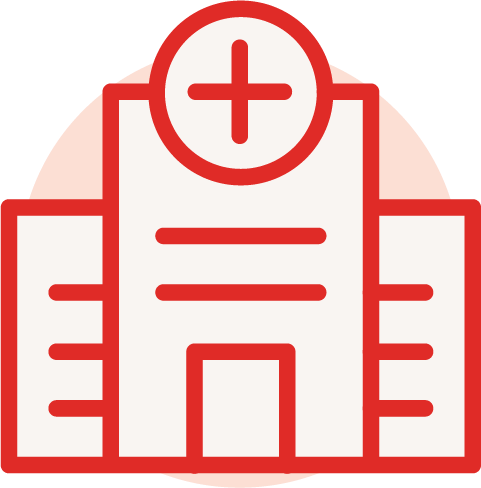 A simplified outline of a hospital building with a cross symbol at the top center.