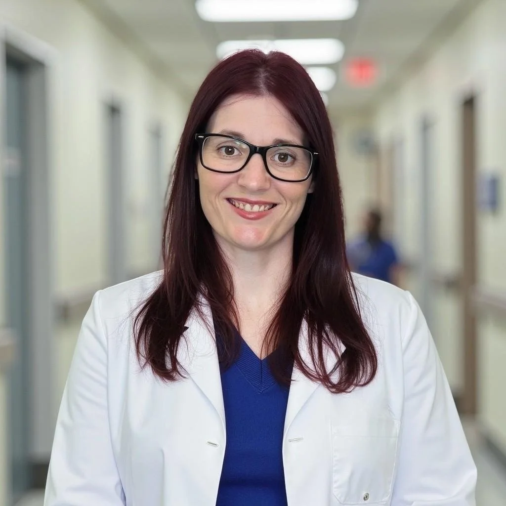 A female doctor with glasses and long red hair wearing a white lab coat and blue shirt, standing in a hospital corridor.