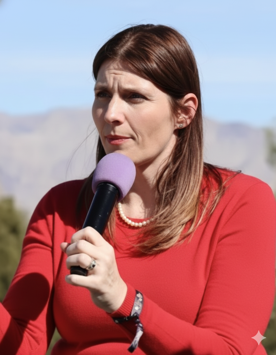 Woman wearing a red top, pearl necklace, and earrings, speaking into a purple microphone outdoors with mountains and trees in the background.