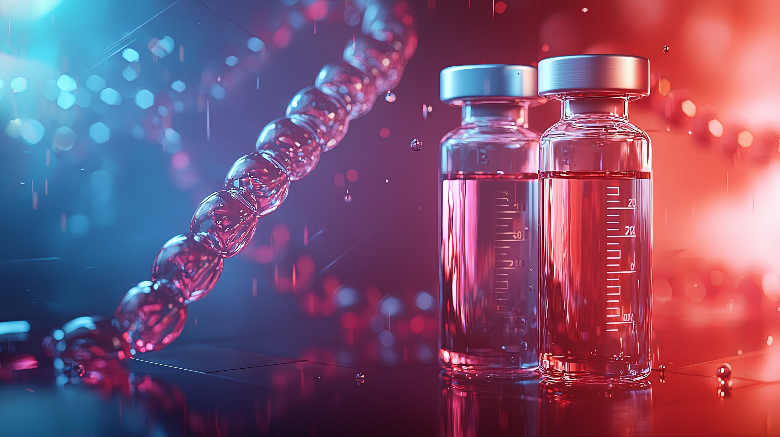 Two glass vials filled with a pink liquid standing on a reflective surface, with a DNA strand in the background illuminated by red and blue lighting.