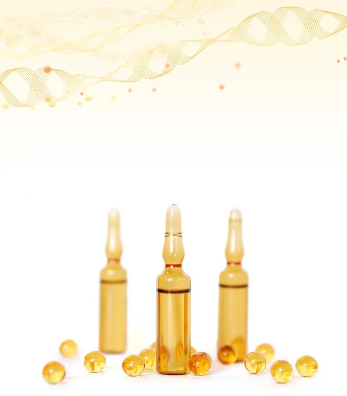Three glass ampoules with a golden liquid, with several small round pills around them on a white background, and a faint wave pattern at the top.