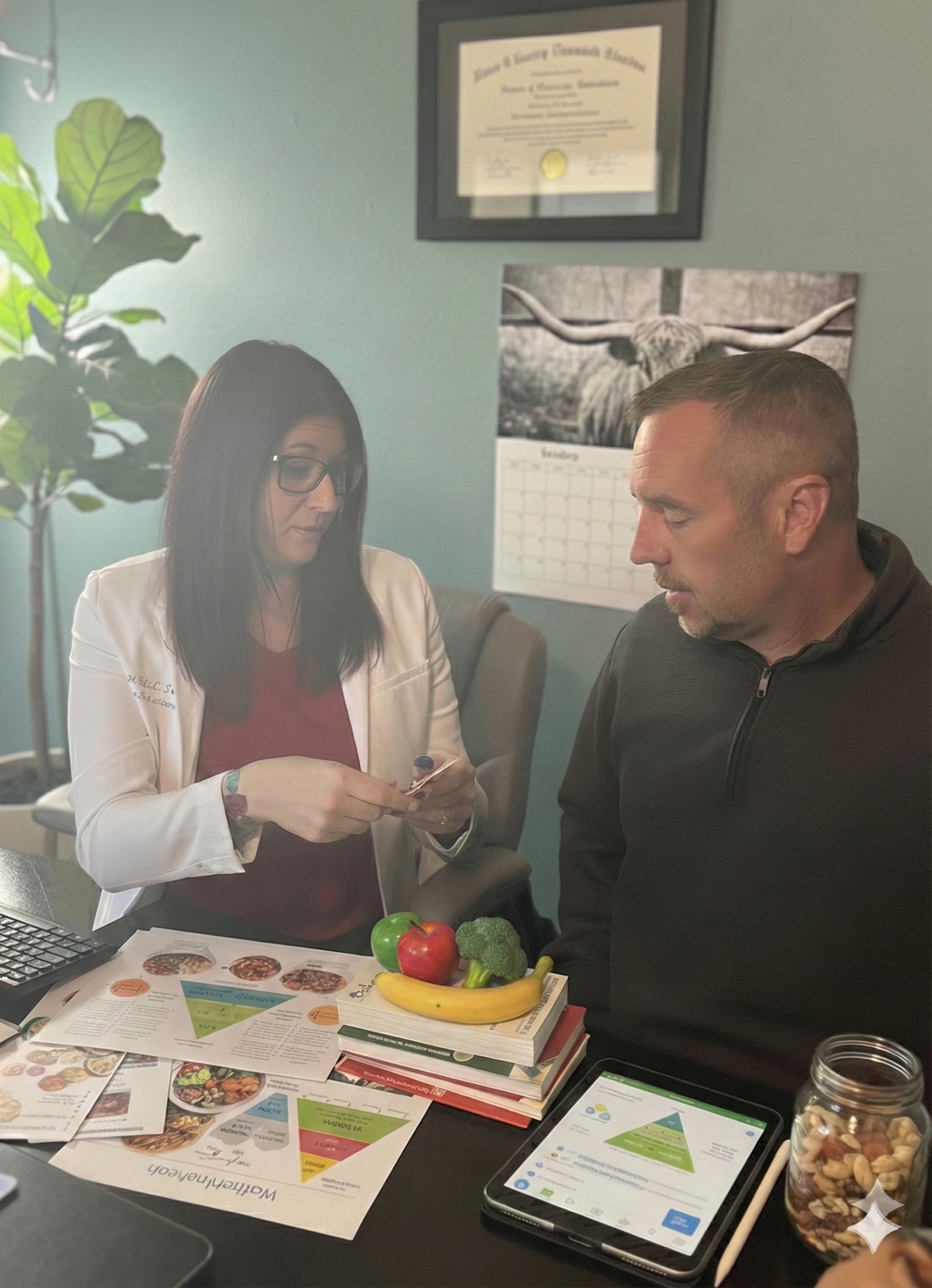 A woman and a man are sitting at a table with magazines, books, and a tablet displaying a food pyramid. The woman is wearing glasses and a white blazer, and is showing something on her phone while the man looks at her. On the table, there are fresh vegetables including an apple, a banana, broccoli, and a green apple, along with a jar of mixed nuts or dried fruit. A calendar with a buffalo image hangs on the wall behind them, and a framed diploma is above it. A large plant is visible on the left side of the image.