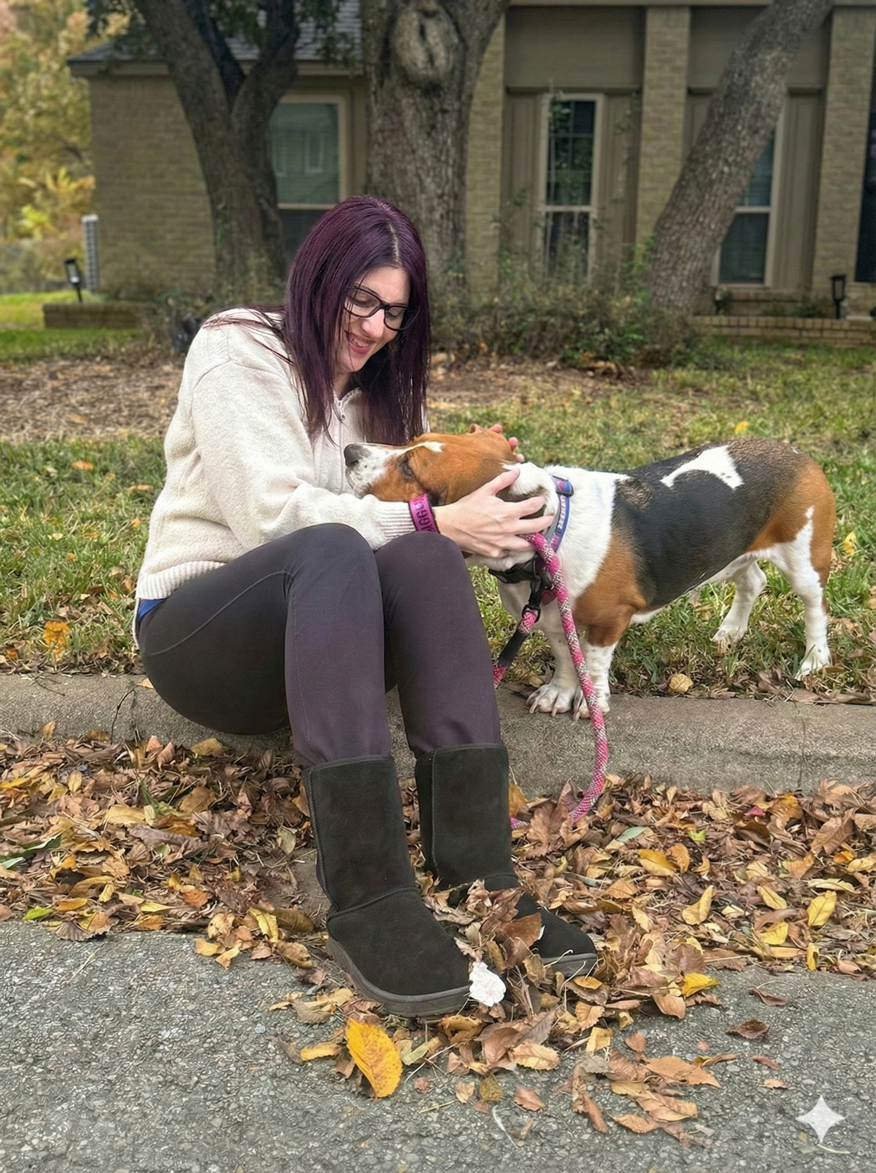 A woman with purple hair, glasses, bear-colored sweater, and black pants sitting on a curb, smiling and hugging a brown and white beagle dog with a pink collar and leash, in a yard with fallen leaves, trees, and a brick house in the background.