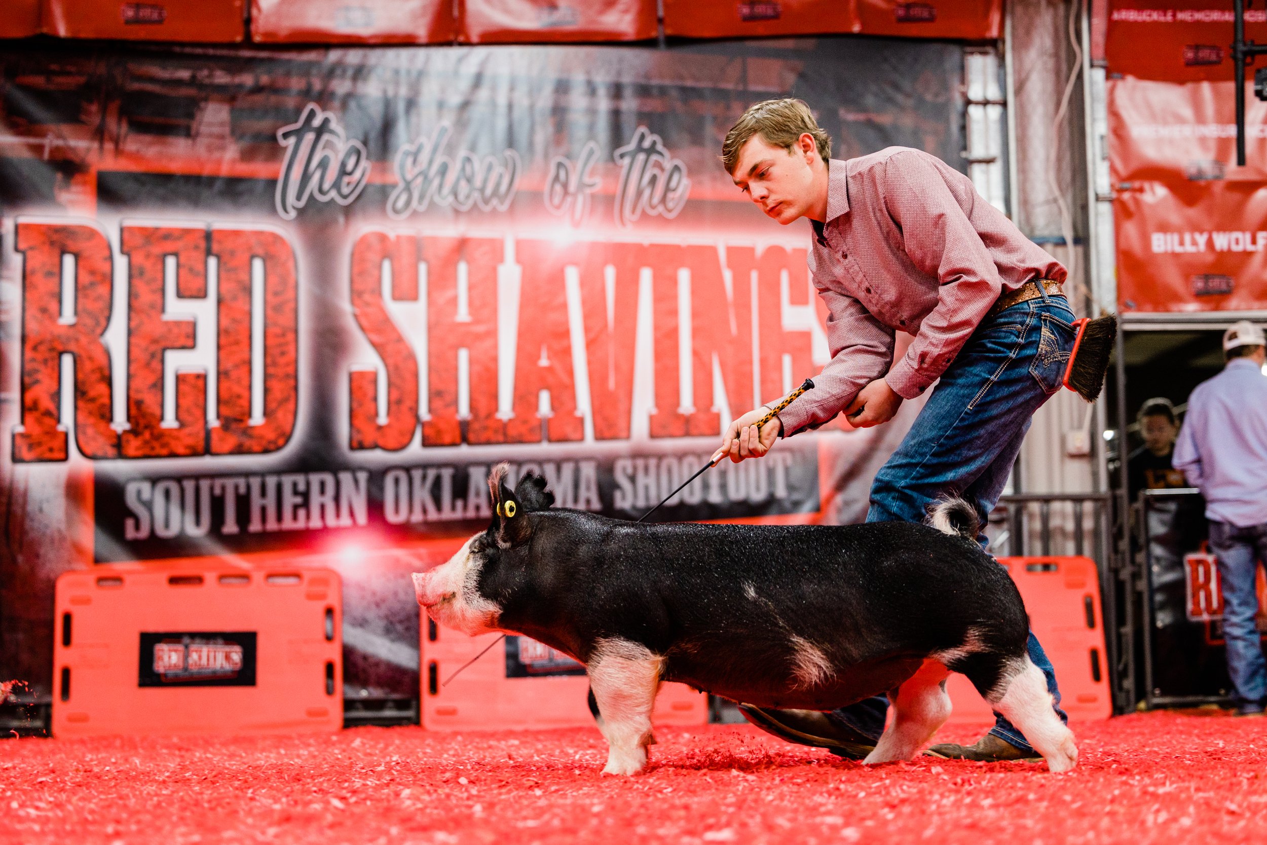 A young man guiding a pig in a show ring at a livestock competition, with a red carpet and a backdrop reading 'The Show of the RED SHIRTS Southern Oklahoma Showcase.'