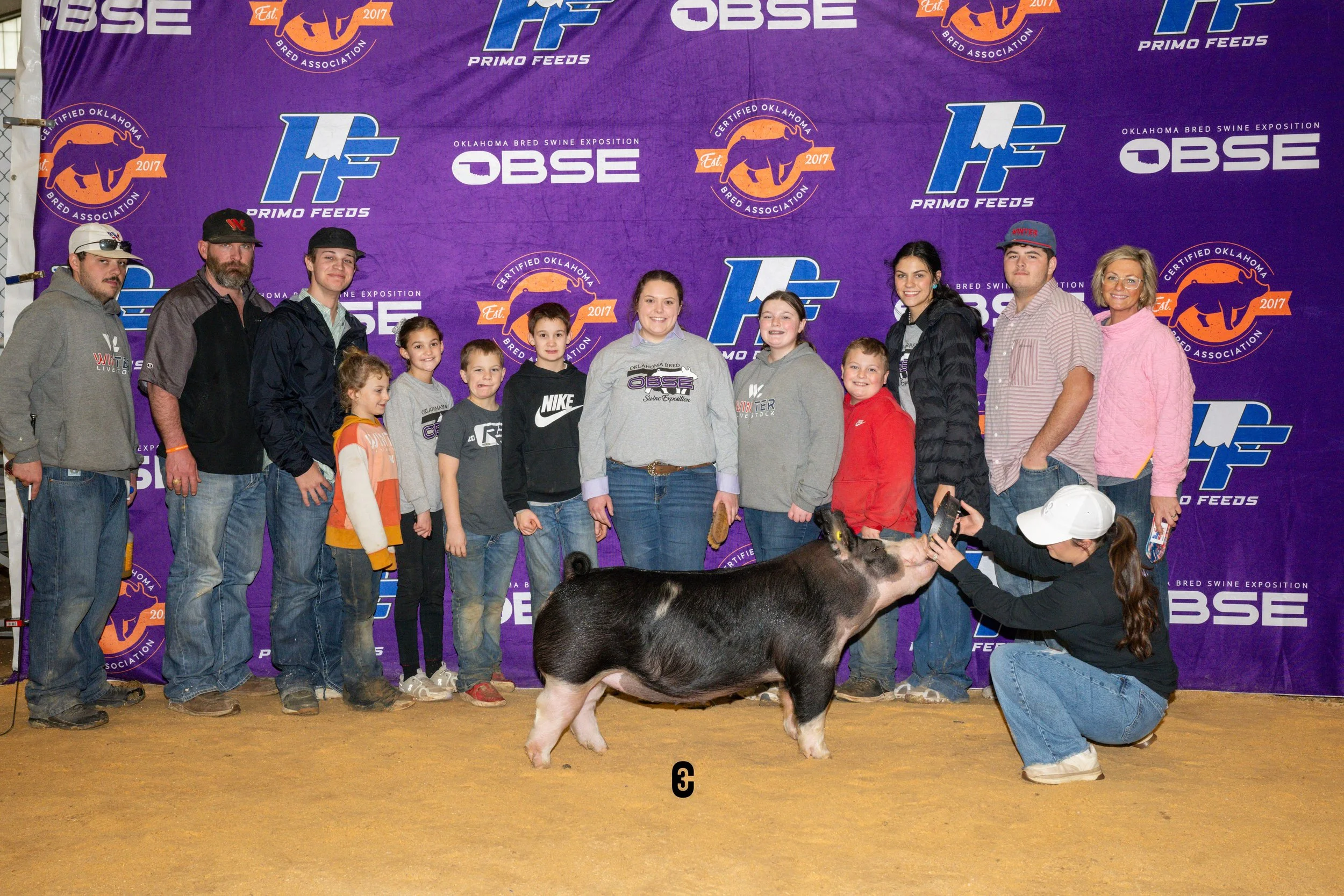 Group of people, children and adults, posing with a pig on a stage with a purple backdrop that has logos and text related to the Oklahoma Bred Swine Exposition, 2017.