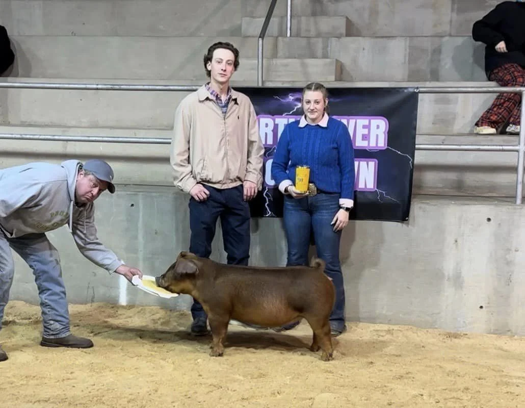 Two women, one man, and a pig in an indoor arena. The woman in a blue sweater is holding a trophy, and a man is feeding the pig. They are standing in front of a black and purple sign with lightning graphics.