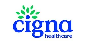 Cigna Healthcare logo with blue text and a green and blue flower icon.