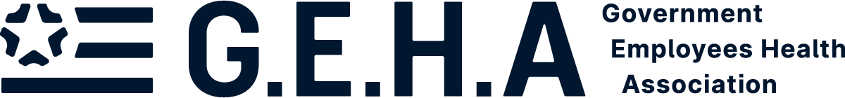 G.E.H.A. logo with blue text and symbols representing government employees health association.