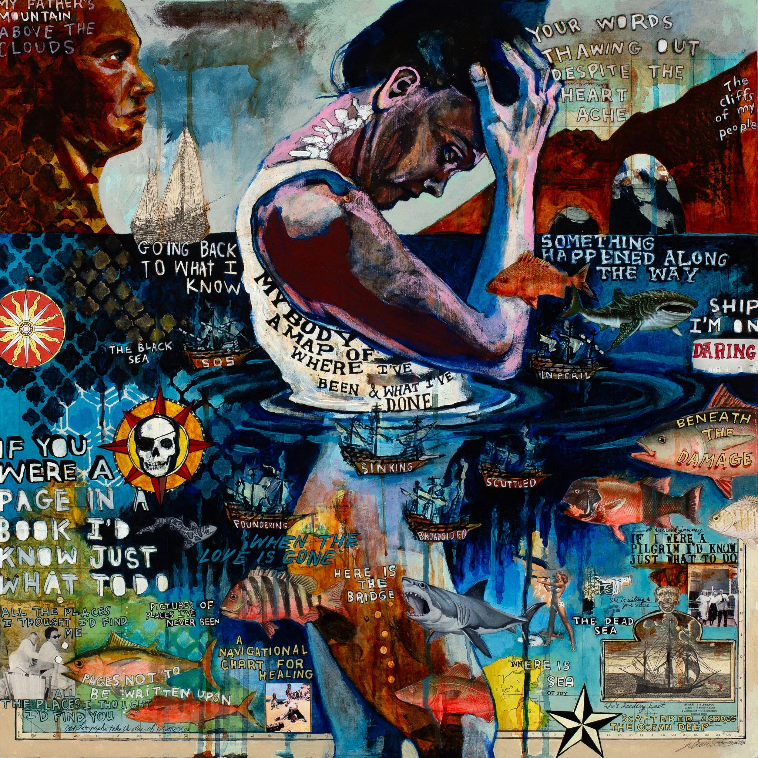 These multi-layered mixed media paintings on wood panels begin with collage works such as scraps of collected papers from travels, gestural figure drawings, as well as prints from my sketchbooks and journals. I then layer paint, narrative, drawing ma