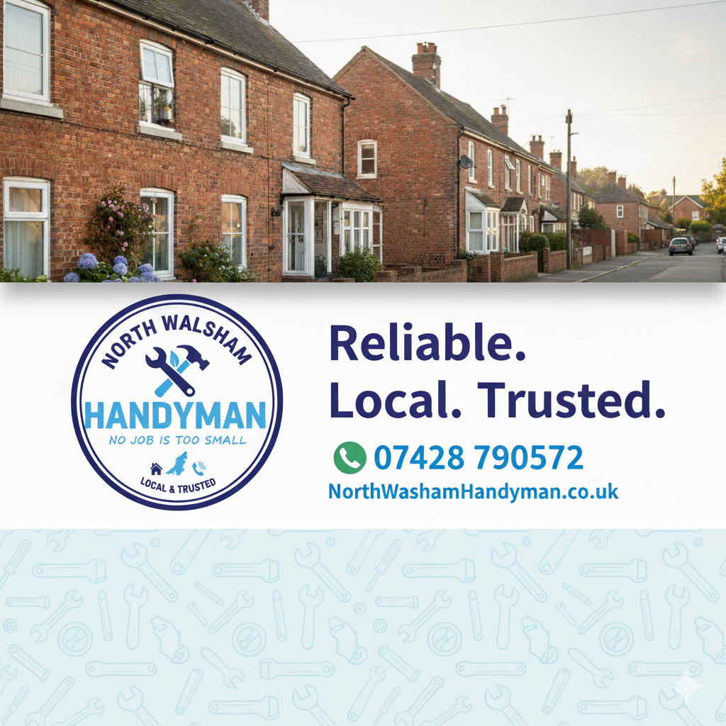 An advertisement for North Walsham Handyman shows a row of brick houses on a quiet street with a clear sky. The ad features a logo with crossed hammer and wrench, and states "Reliable. Local. Trusted." It includes a phone number, website, and the tagline "No job is too small."