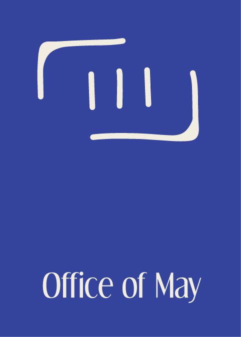 A blue background with a white abstract drawing resembling a face and the text 'Office of May' at the bottom.