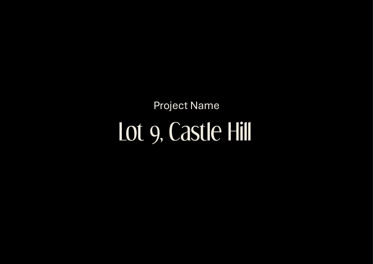 Presentation slide with black background and white text displaying 'Project Name' above 'Lot 9, Castle Hill'.