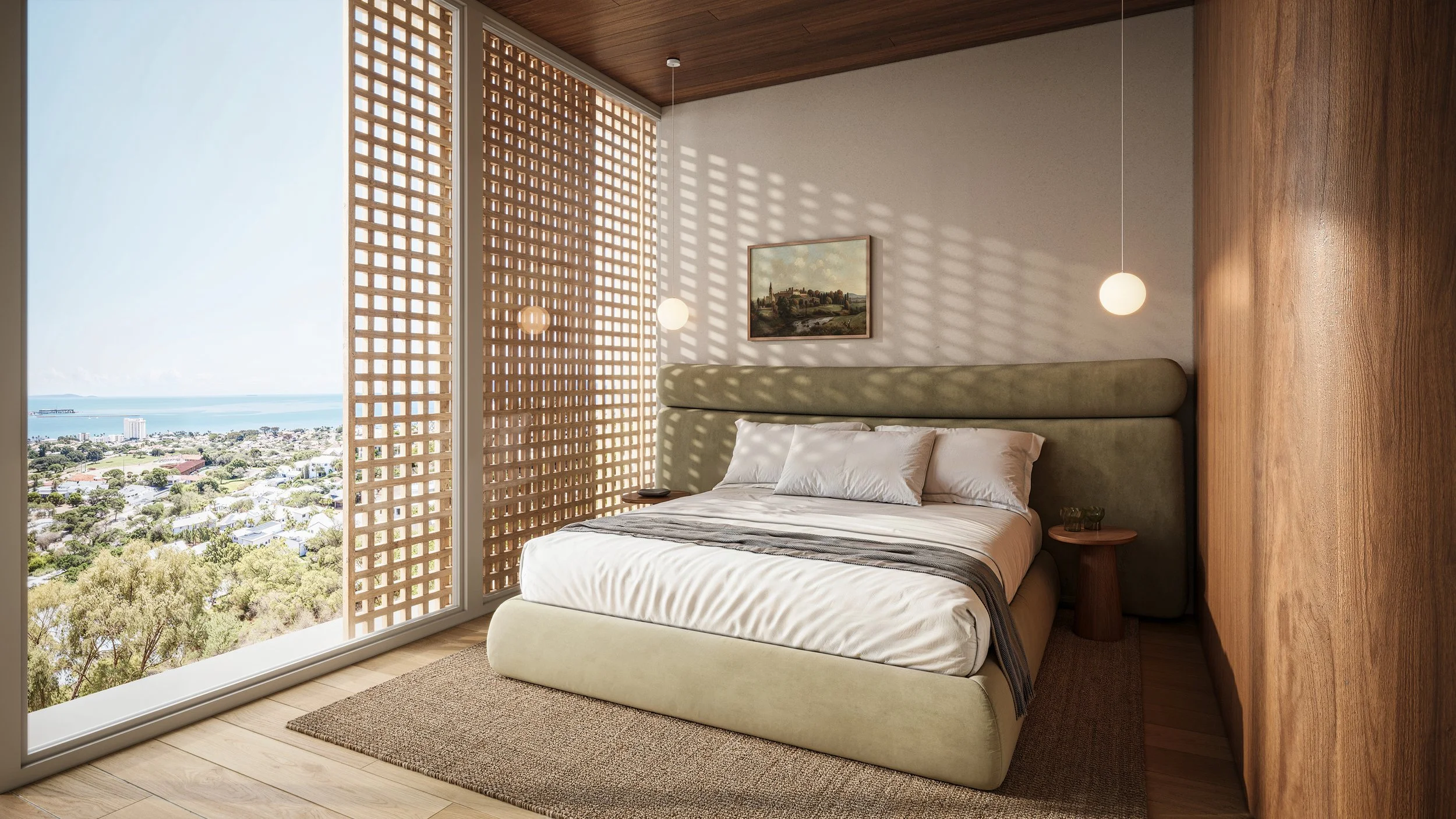 Fabric headboard, pendant lighting, screens